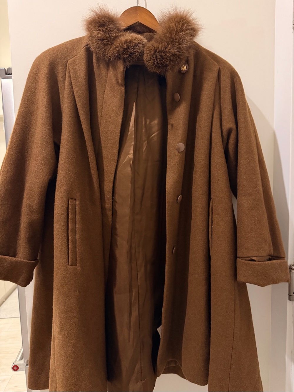 Women's Brown Wool Pea Coat with Fur Trim